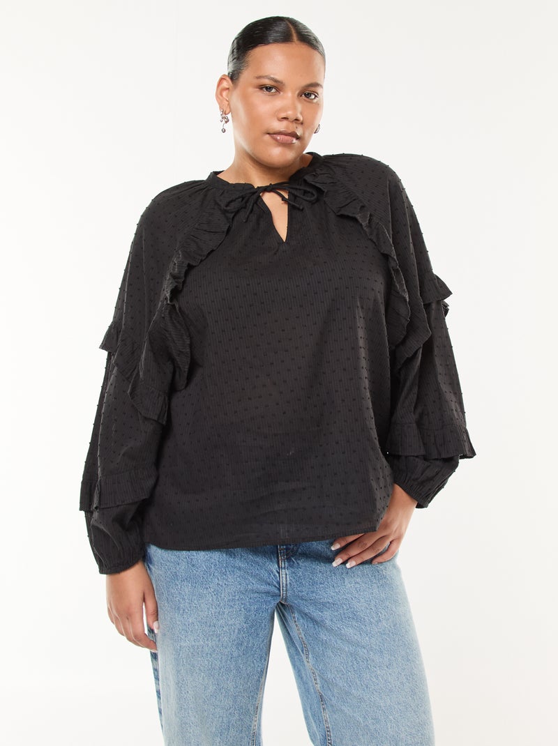 Blusa in plumetis con volant e lacci da annodare al collo Nero - Kiabi