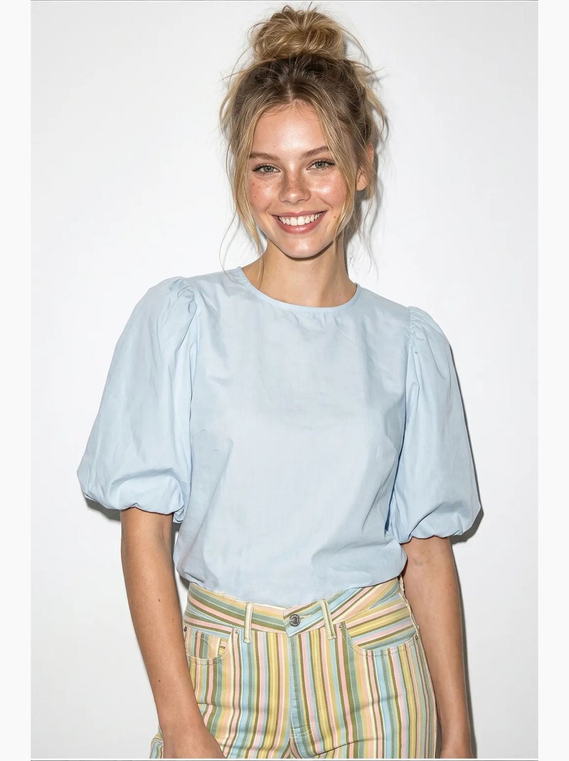 Blusa in popeline di cotone con nodo davanti lucci Blu cielo - Kiabi