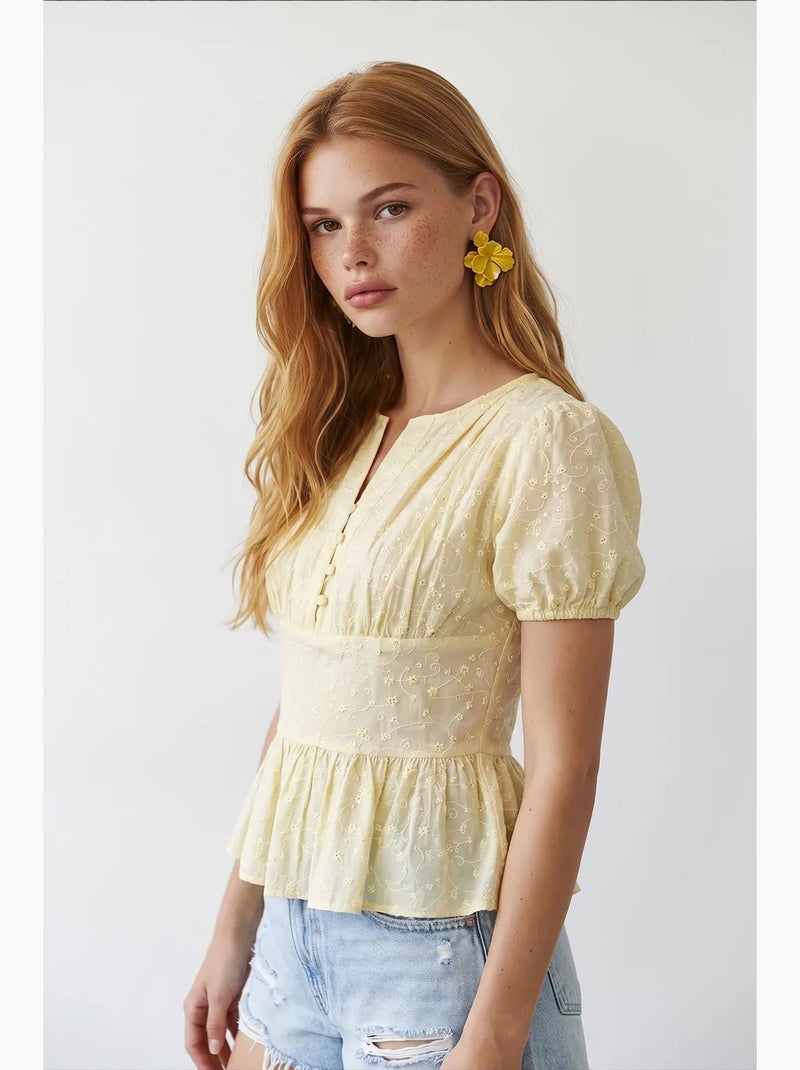 Blusa in tessuto con scollo a v ricamata mixray Giallo limone - Kiabi