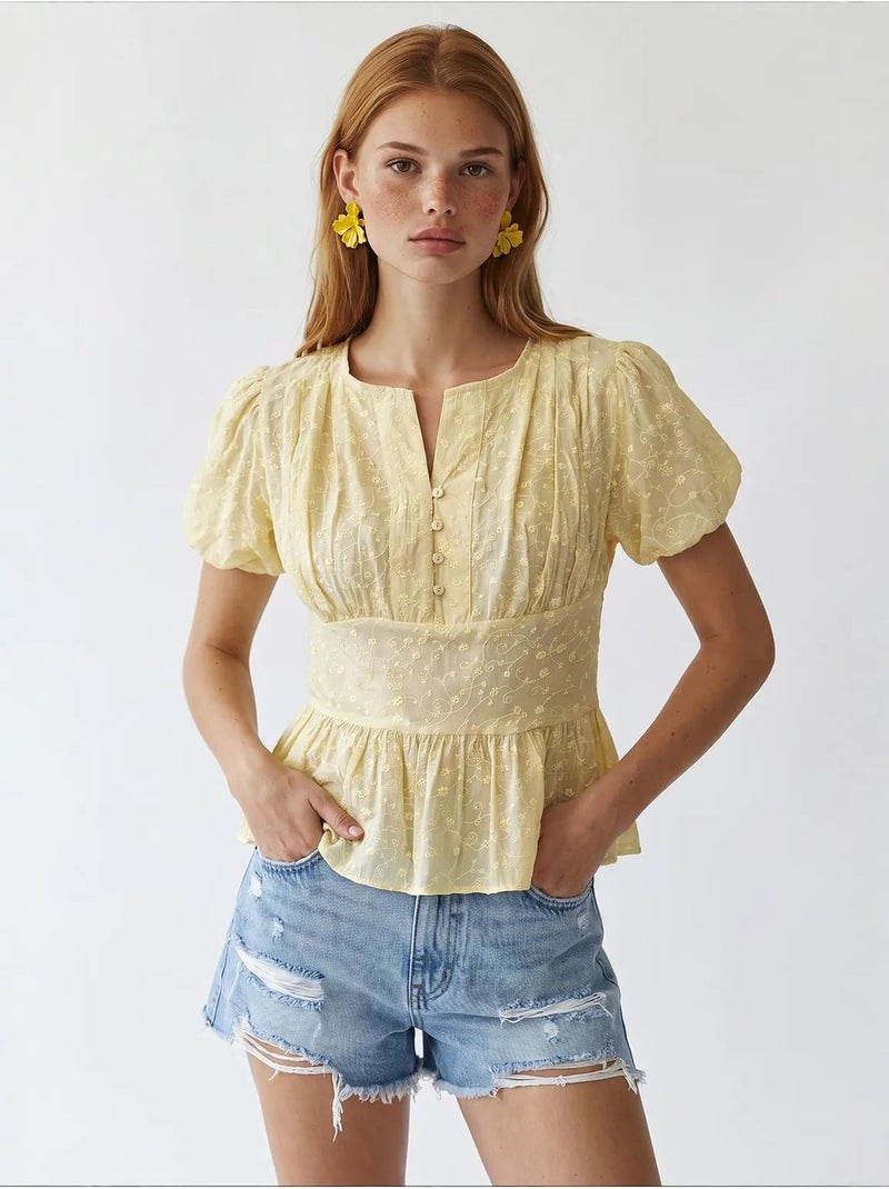 Blusa in tessuto con scollo a v ricamata mixray Giallo limone - Kiabi