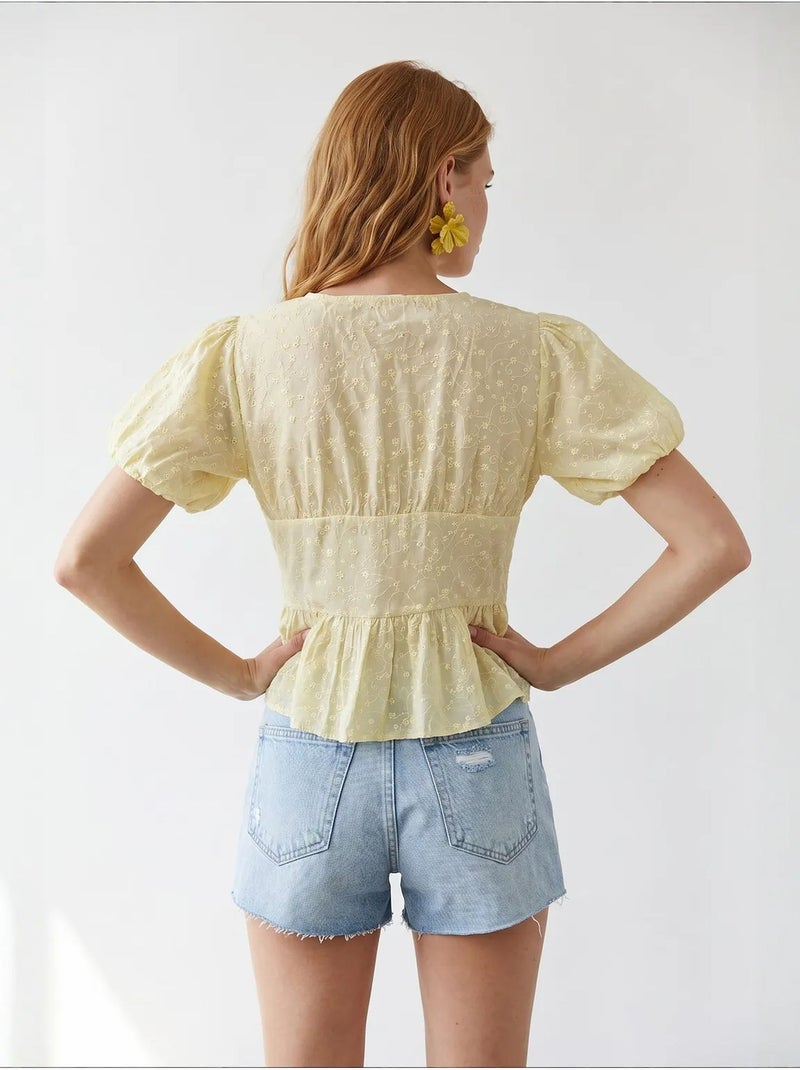 Blusa in tessuto con scollo a v ricamata mixray Giallo limone - Kiabi