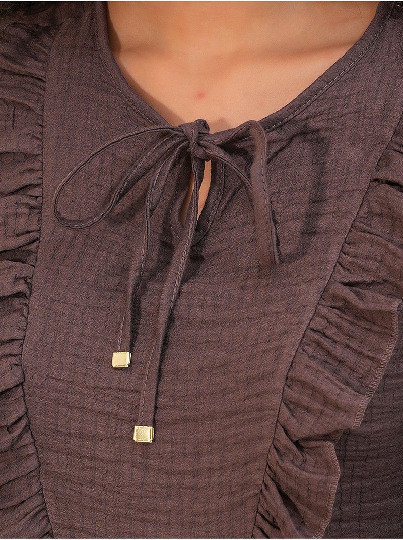 Blusa in tessuto con volant e chiusura con laccetti bdart Marrone cioccolato - Kiabi