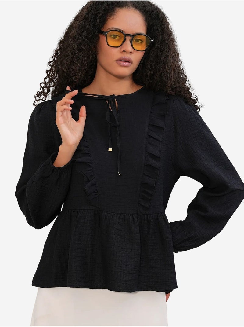 Blusa in tessuto con volant e chiusura con laccetti bdart Nero - Kiabi