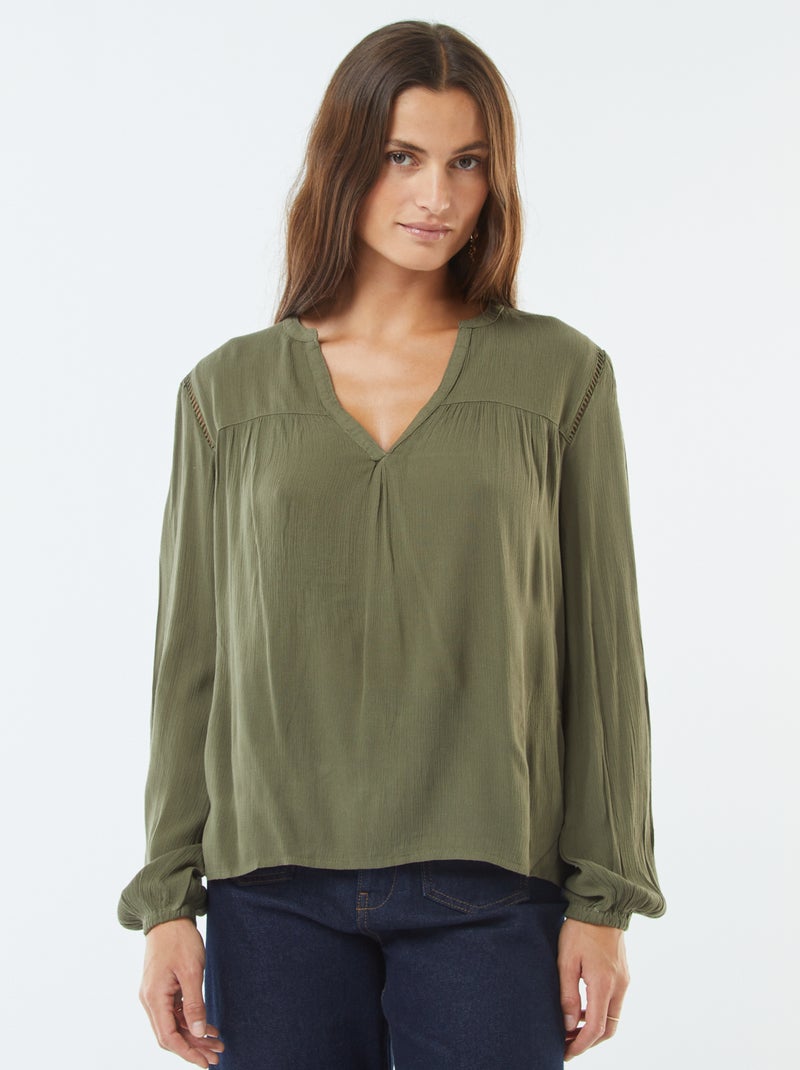 Blusa in tessuto effetto crêpe con bordo traforato Kaki - Kiabi