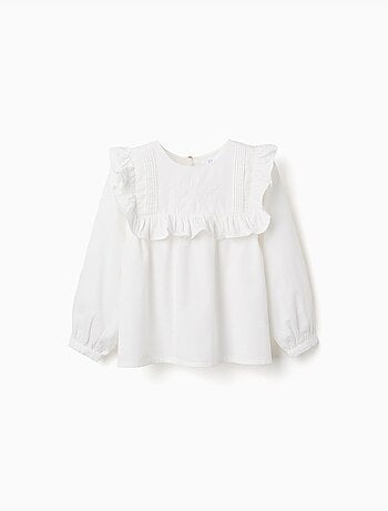 Blusa in twill a manica lunga con volant e ricami