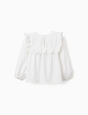 Blusa in twill a manica lunga con volant e ricami