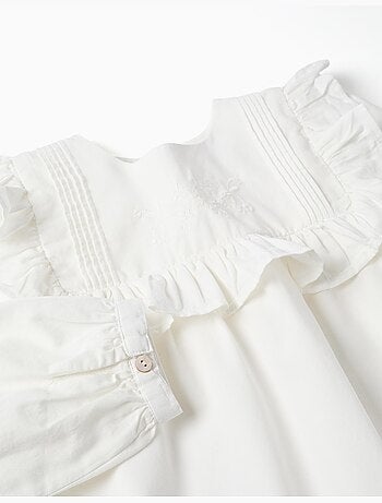 Blusa in twill a manica lunga con volant e ricami