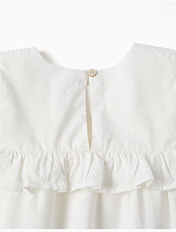 Blusa in twill a manica lunga con volant e ricami