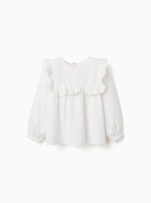 Blusa in twill a manica lunga con volant e ricami - Kiabi Blusa in twill a manica lunga con volant e ricami - Kiabi