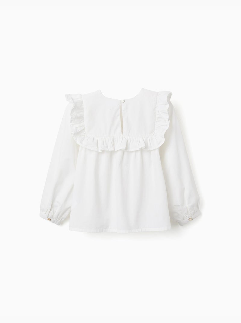 Blusa in twill a manica lunga con volant e ricami Bianco - Kiabi
