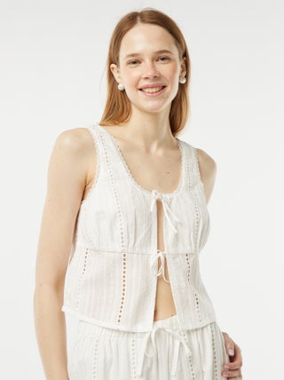 Blusa leggera senza maniche da annodare con ricami punto inglese