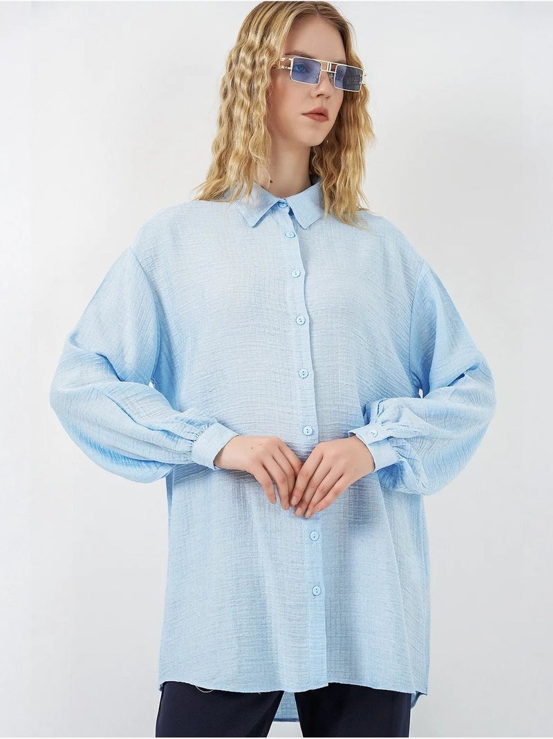 Blusa lunga oversize testurizzata con collo a camicia bdart Blu chiaro - Kiabi