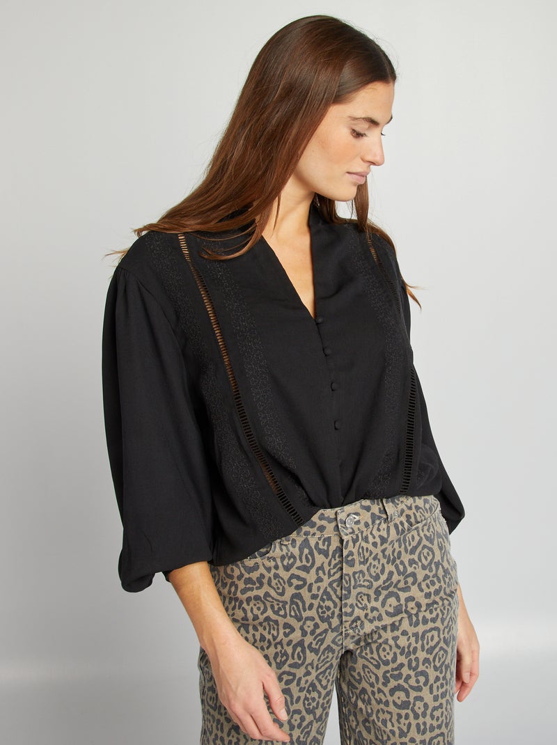 Blusa morbida con ricamo volant e maglia traforata nero - Kiabi