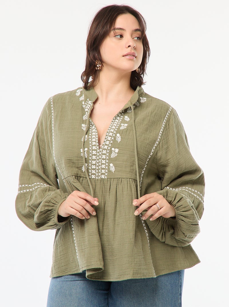 Blusa ricamata a maniche lunghe Verde - Kiabi