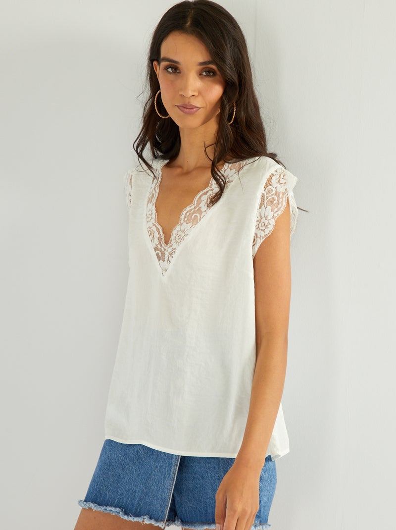 Blusa satinata con pizzo Bianco - Kiabi