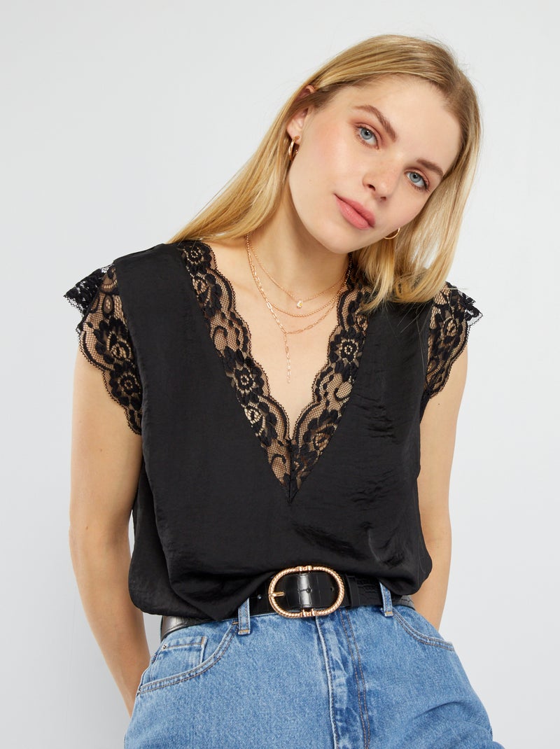 Blusa satinata con pizzo Nero - Kiabi