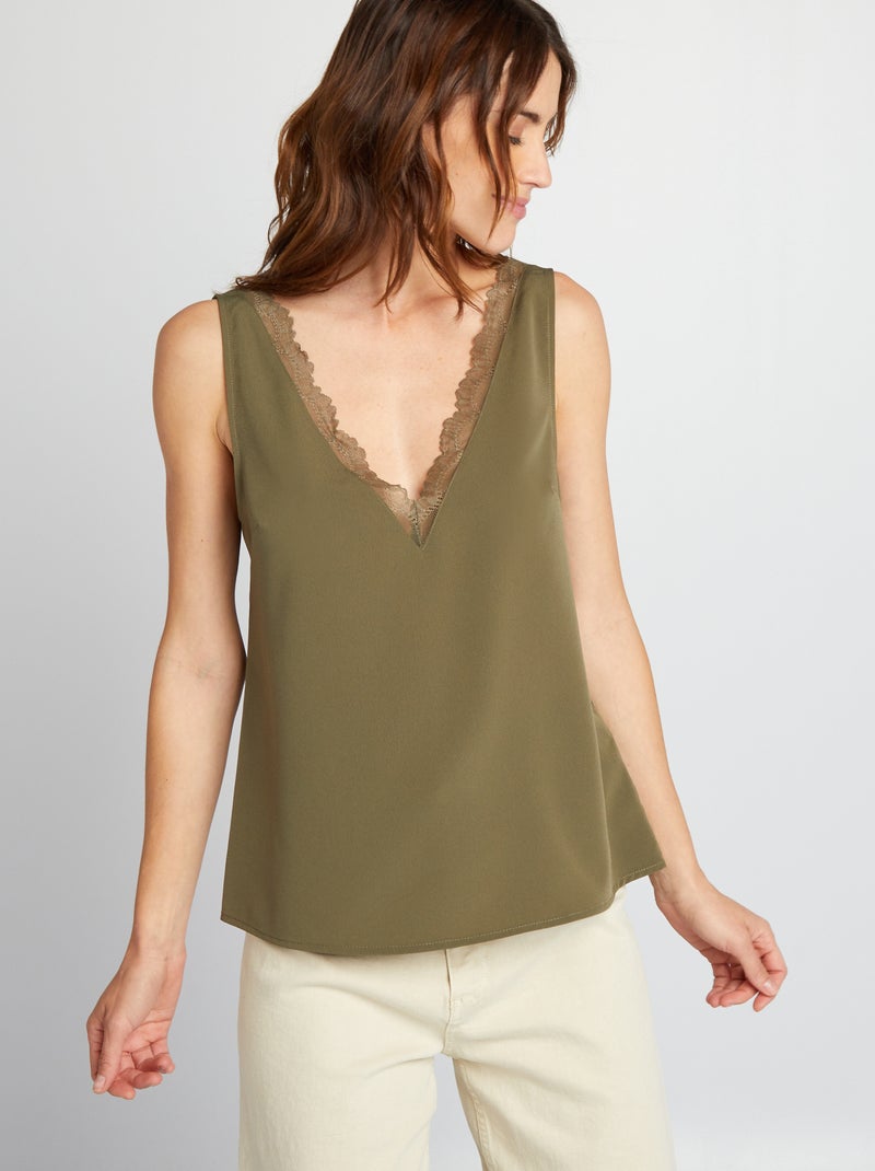 Blusa senza maniche con collo in pizzo KAKI - Kiabi