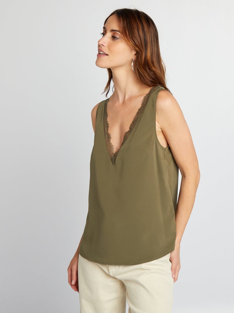 Blusa senza maniche con collo in pizzo KAKI - Kiabi
