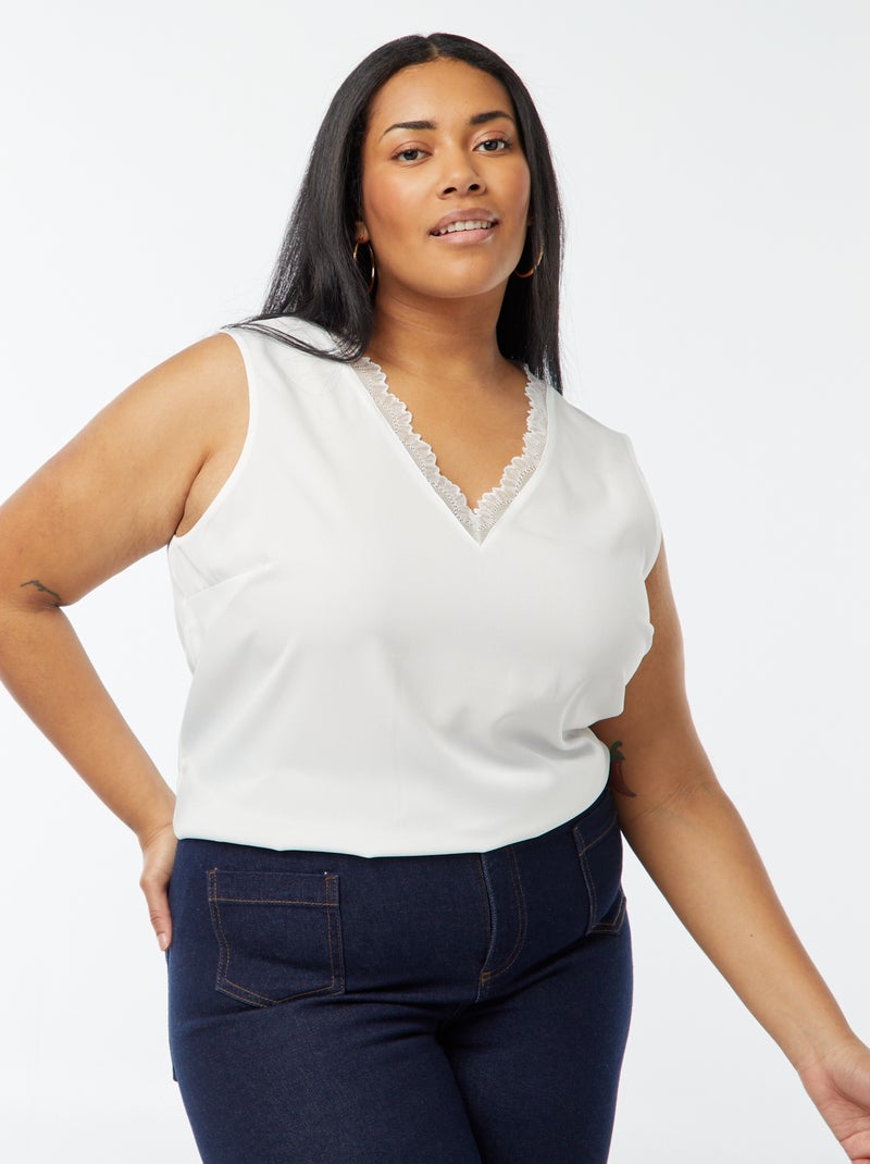 Blusa senza maniche con scollo a V e bordi in pizzo Bianco - Kiabi