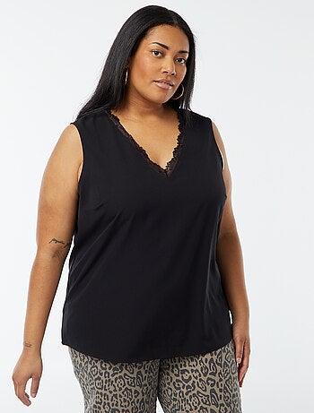 Blusa senza maniche con scollo a V e bordi in pizzo
