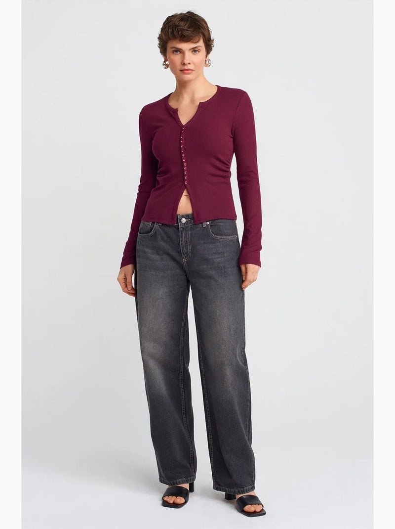 Blusa slim fit a coste con abbottonatura frontale dilvin Rosso bordeaux - Kiabi