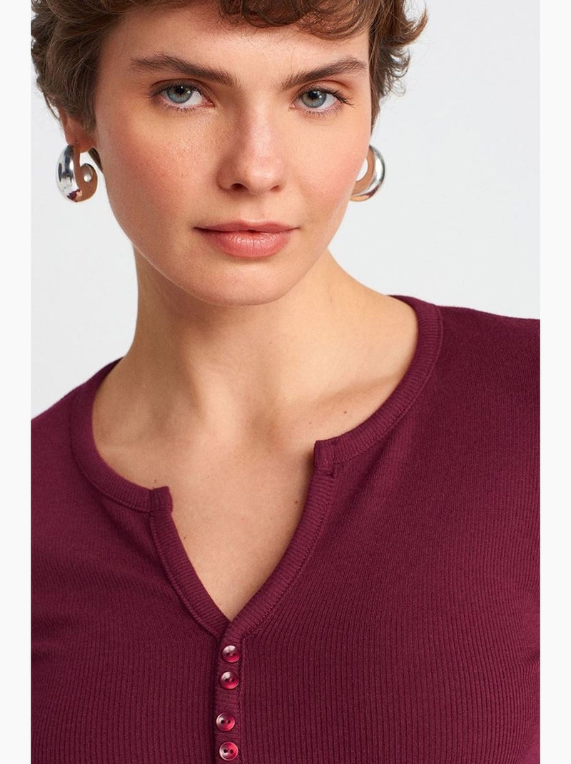 Blusa slim fit a coste con abbottonatura frontale dilvin Rosso bordeaux - Kiabi