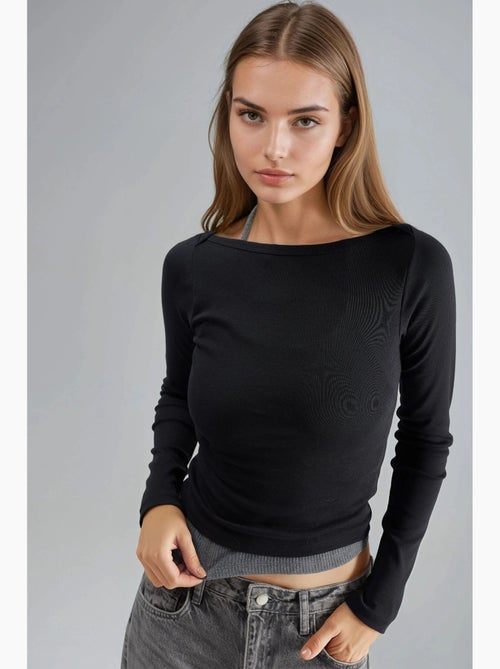 Blusa slim fit a coste con scollo a barca busem - Kiabi Blusa slim fit a coste con scollo a barca busem - Kiabi
