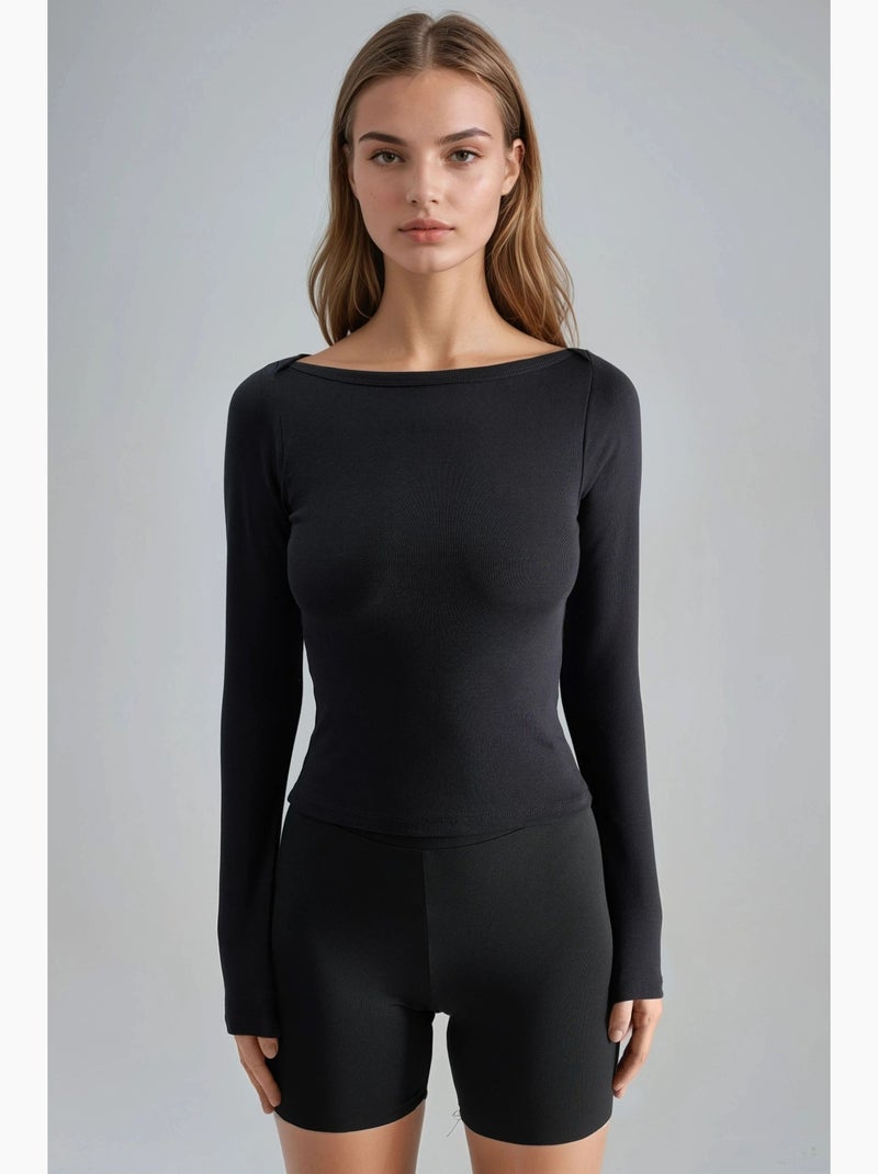 Blusa slim fit a coste con scollo a barca busem Nero - Kiabi
