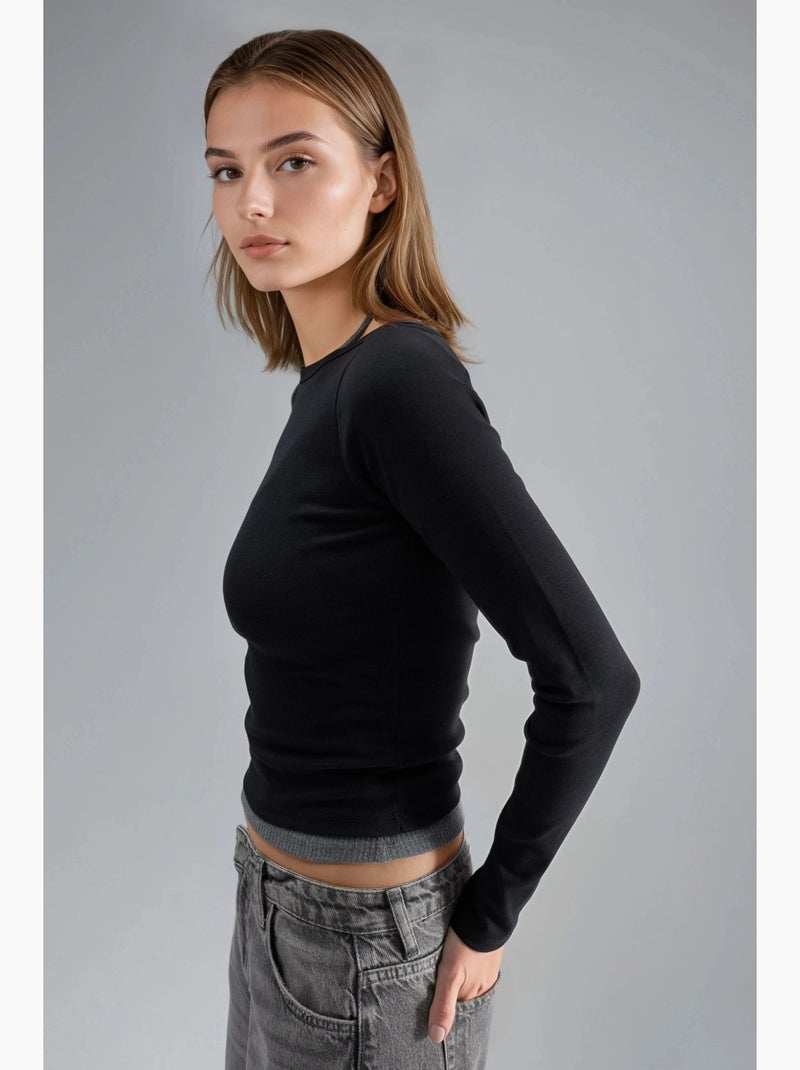 Blusa slim fit a coste con scollo a barca busem Nero - Kiabi