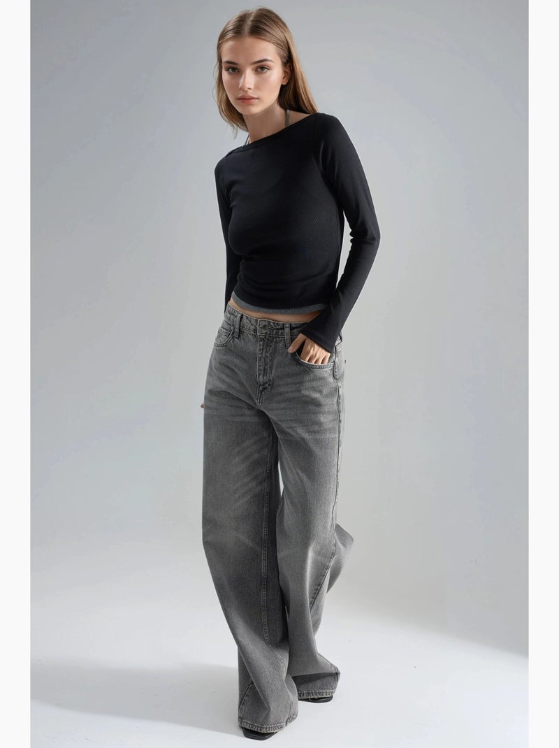 Blusa slim fit a coste con scollo a barca busem Nero - Kiabi