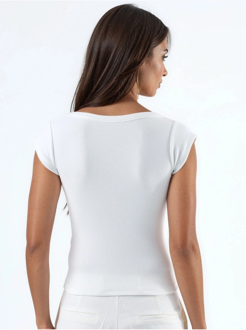 Blusa slim fit a coste con scollo a u busem Bianco - Kiabi