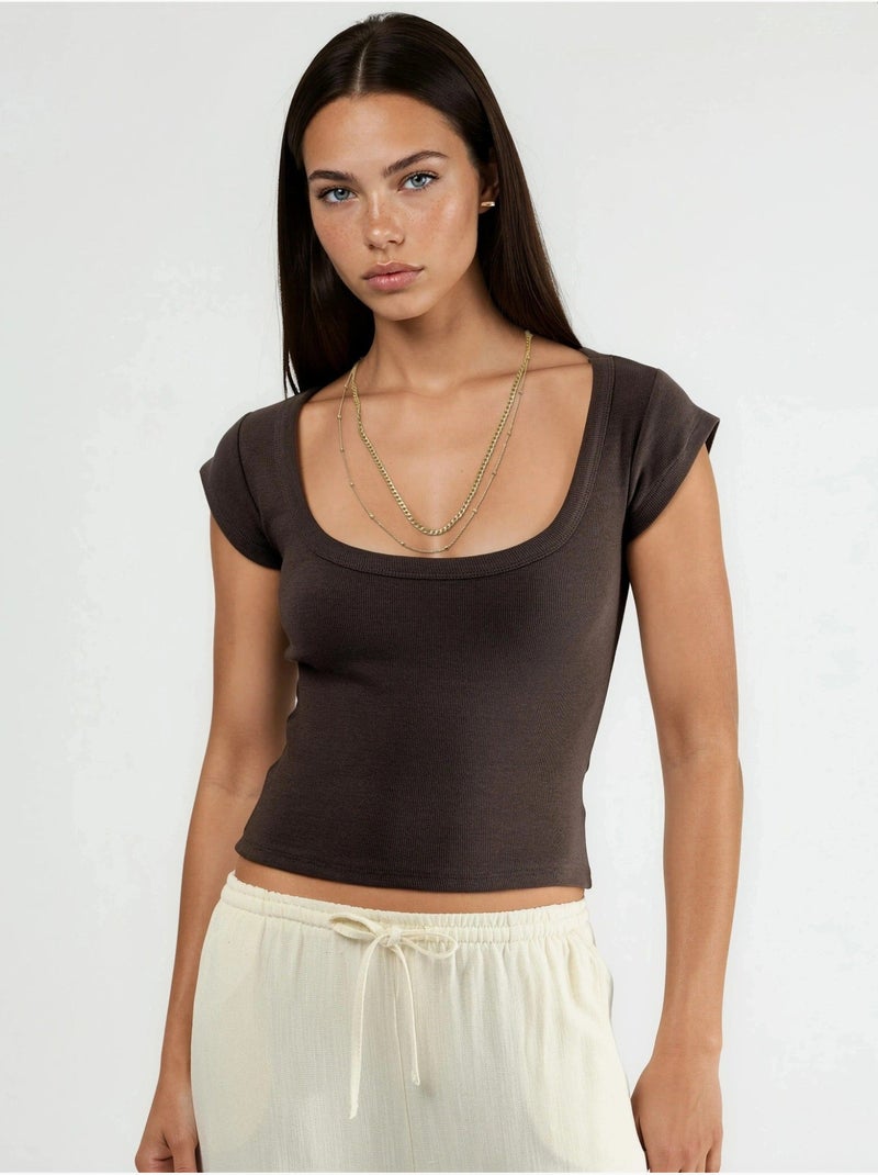 Blusa slim fit a coste con scollo a u busem Marrone cioccolato - Kiabi