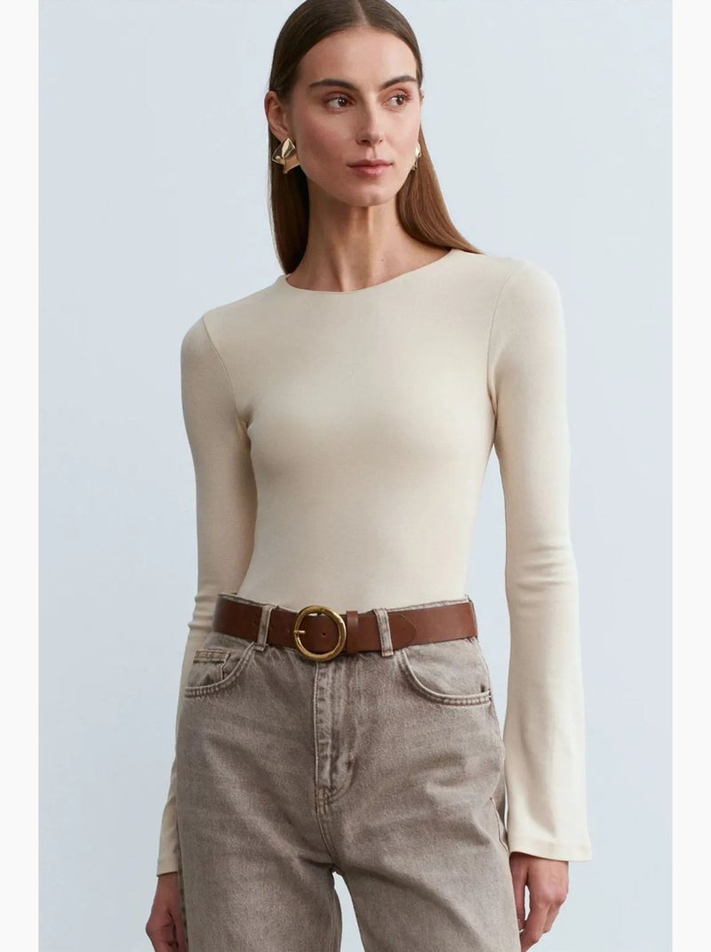 Blusa slim fit a maniche lunghe con scollo girocollo dilvin Crema - Kiabi