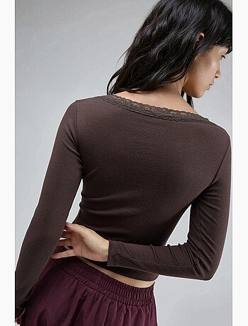T-shirt aderente scollo a v dettagli in pizzo manica lunga busem