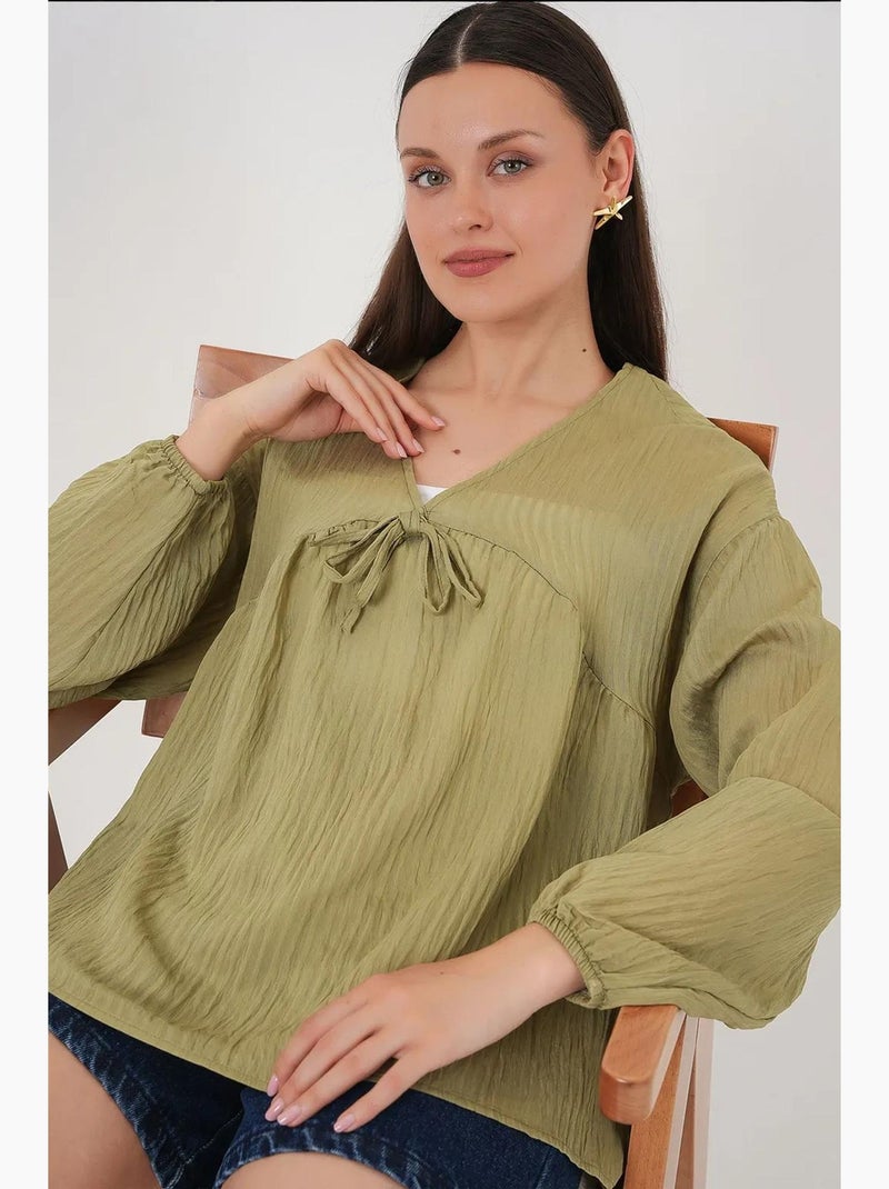 Blusa testurizzata seersucker scollo a v con fiocco bdart Verde kaki - Kiabi