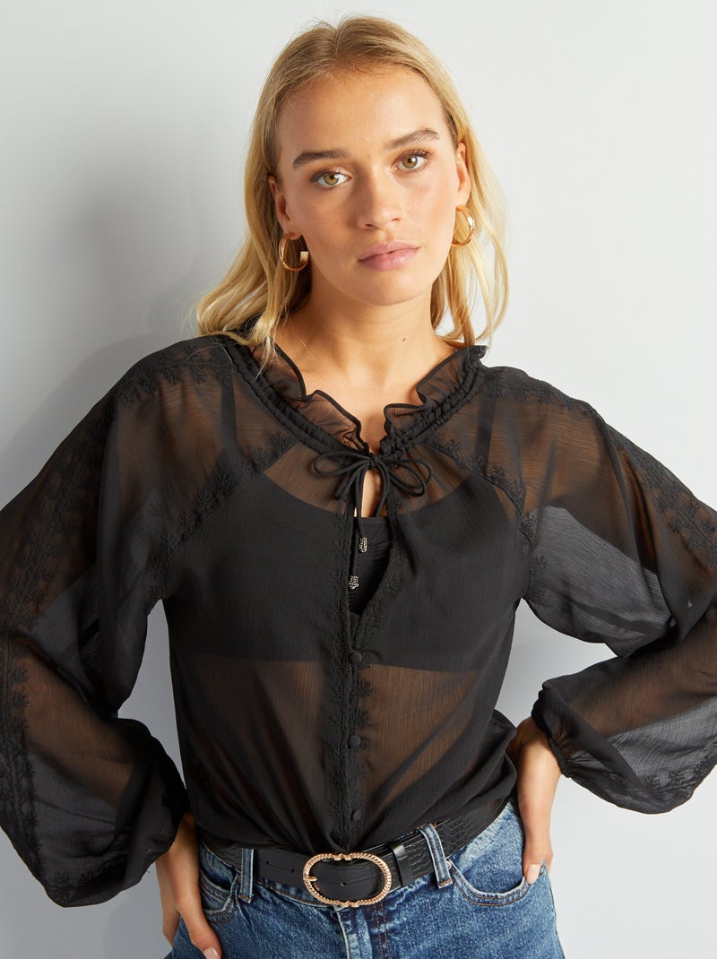 Blusa trasparente ricamata nero - Kiabi