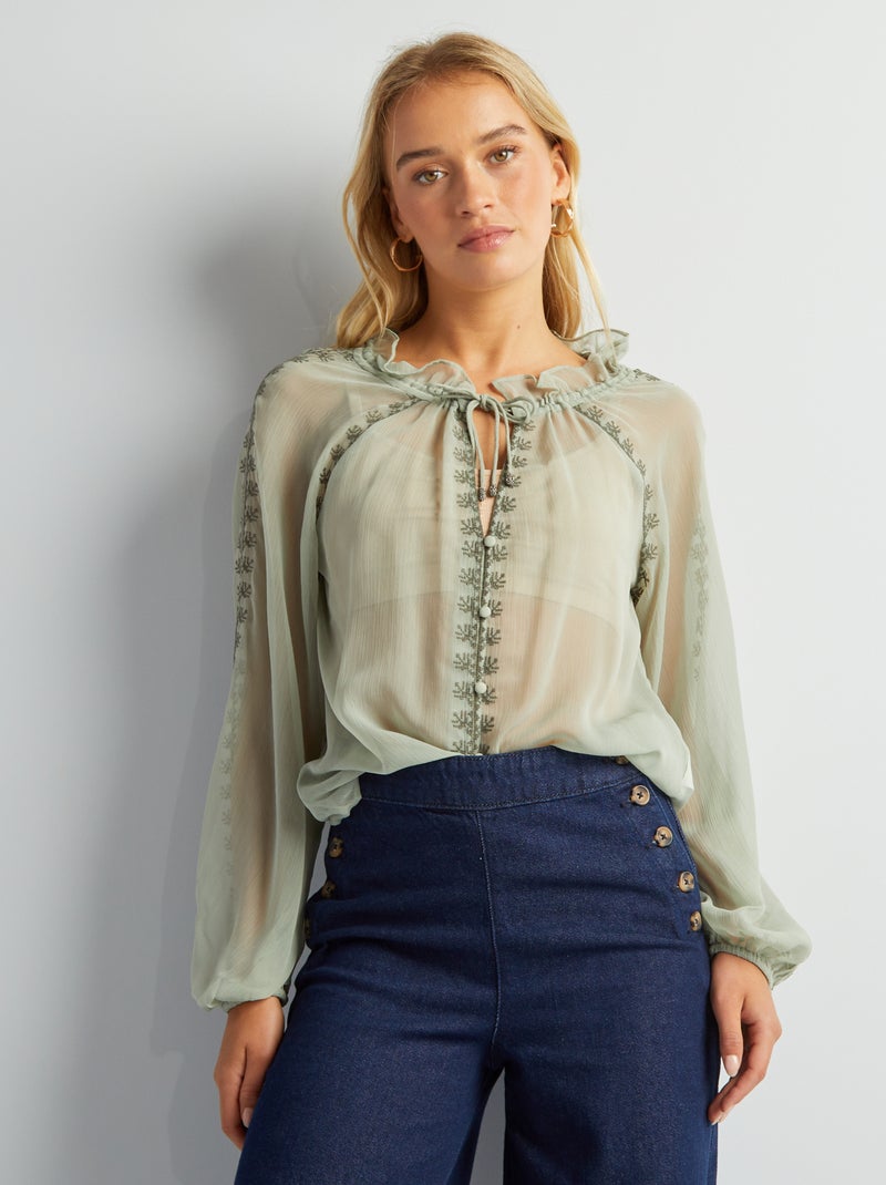 Blusa trasparente ricamata VERDE - Kiabi
