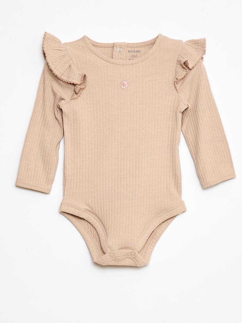 Body a coste con maniche lunghe con volant sulle spalle Beige - Kiabi