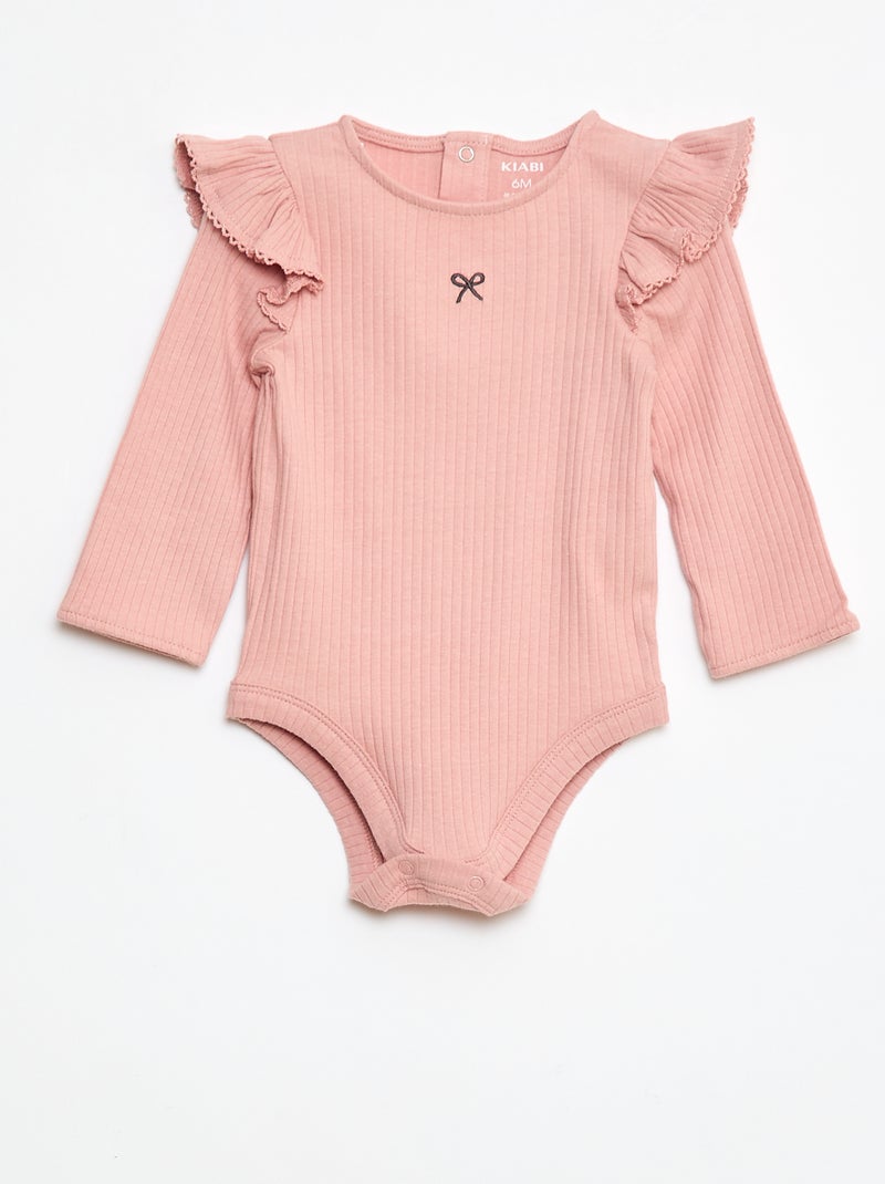 Body a coste con maniche lunghe con volant sulle spalle Rosa - Kiabi
