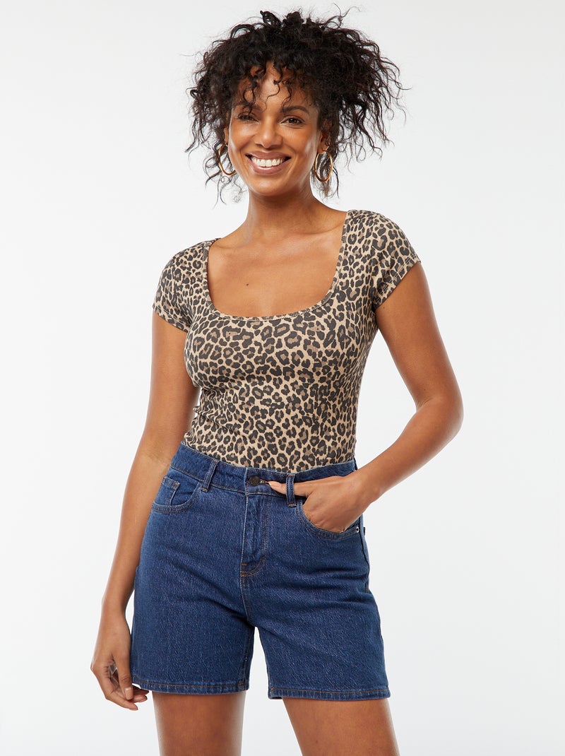 Body a coste e maniche corte Beige - Kiabi