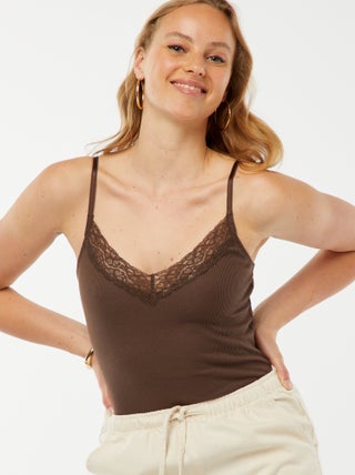 Body a coste tinta unita con pizzo