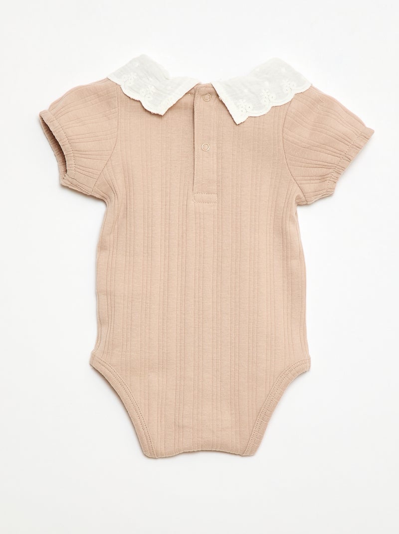 Body a maniche lunghe in maglia a costine con colletto fantasia Beige - Kiabi