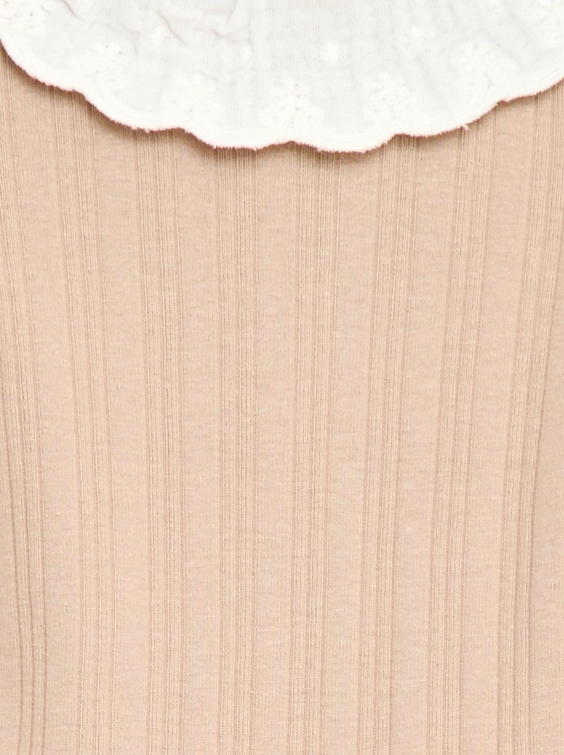 Body a maniche lunghe in maglia a costine con colletto fantasia Beige - Kiabi