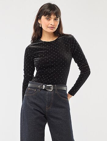 Body a maniche lunghe in velluto con strass