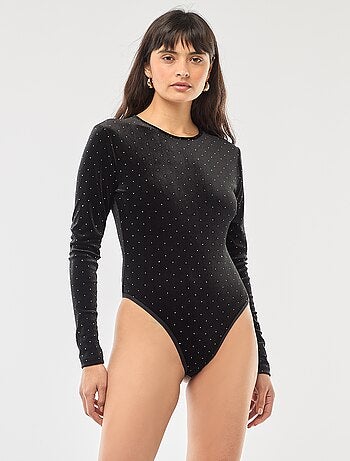 Body a maniche lunghe in velluto con strass