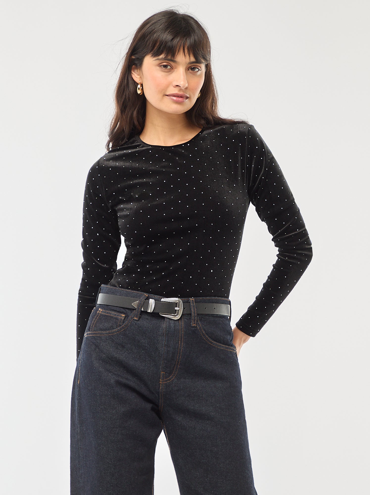 Body a maniche lunghe in velluto con strass