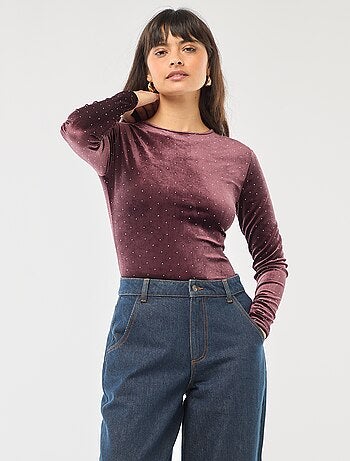 Body a maniche lunghe in velluto con strass