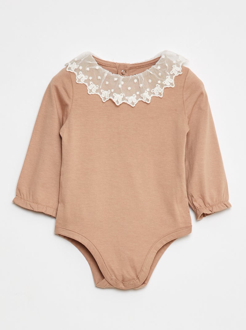 Body con colletto arricciato in pizzo Beige - Kiabi