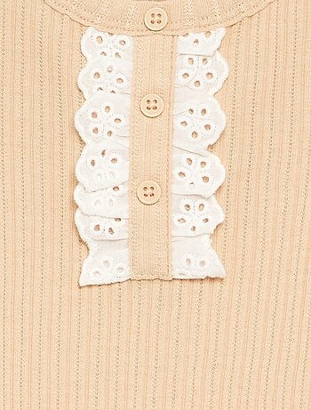 Body in maglia a costine con ricamo sangallo