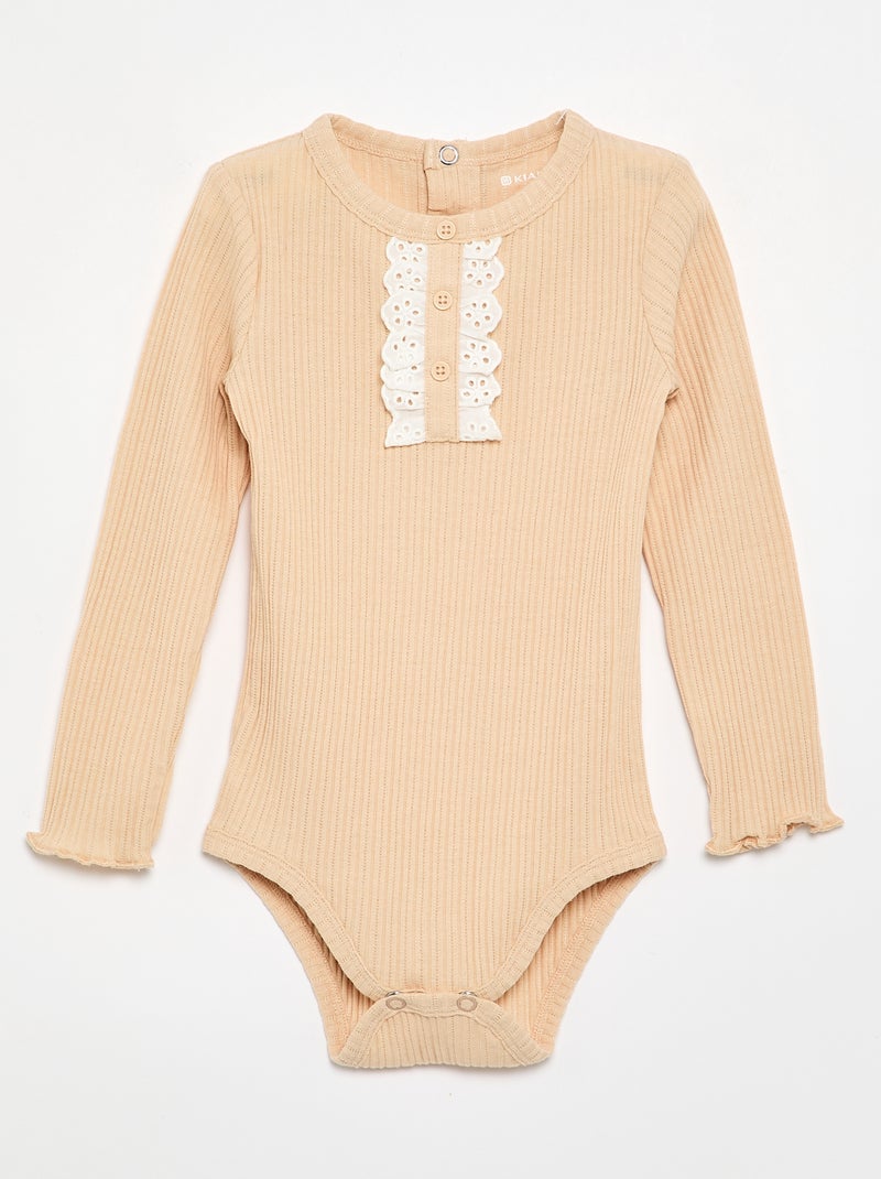 Body in maglia a costine con ricamo sangallo Beige - Kiabi